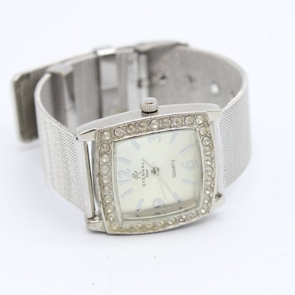 Eternal Love Women's Silver tone square watch, diamanté edge, metal strap - Picture 4 of 6